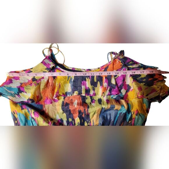 GLAM Silk Dress Short Sleeveless Ruffle Flowy Babydoll Tie Dye Pink Blue‎ Gold M - Picture 7 of 10